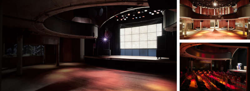 A collage of three photos from the inside of the Mojo Club in Hamburg. You see the stage, chairs are set up in front of it and one photo shows the view the speaker has from stage