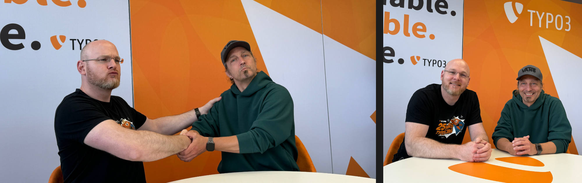 A collage with two photos showing Daniel Fau of TYPO3 and Marc Thiele of beyond tellerrand in front of a TYPO3 branded wall with orange and white color. On the left photo they shake hands and make it look important that they agreed on “the contract”. On the right photo they smile and look into the camera.