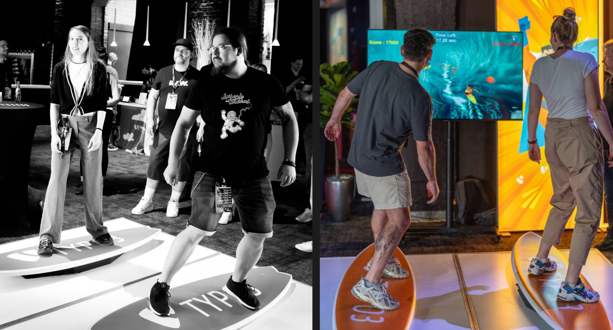 A collage of two photos. Left, black and white and you can see a woman and a man surfing on two surfboards at the TYPO3 booth. Right, a man and a women from the back, also surfing.