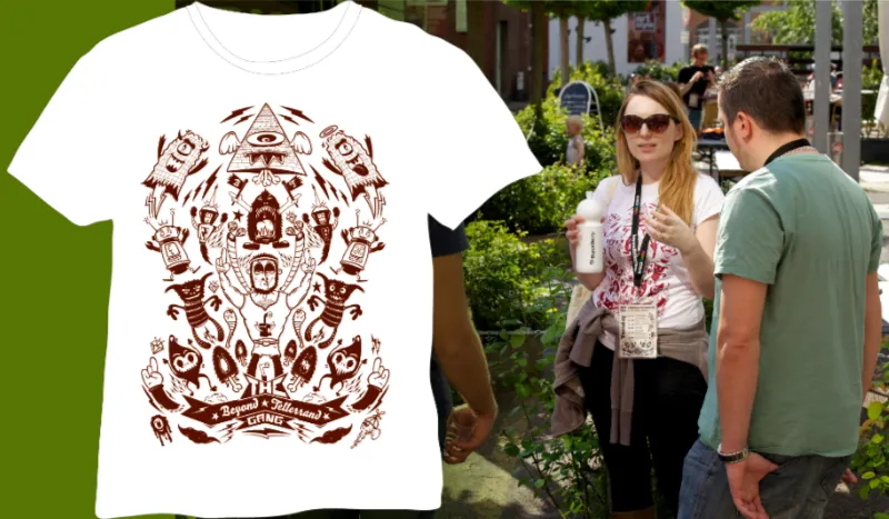 Collage of the t-shirt design by Holger on the left and attendees of beyond tellerrand on the right with one woman wearing the t-shirt.