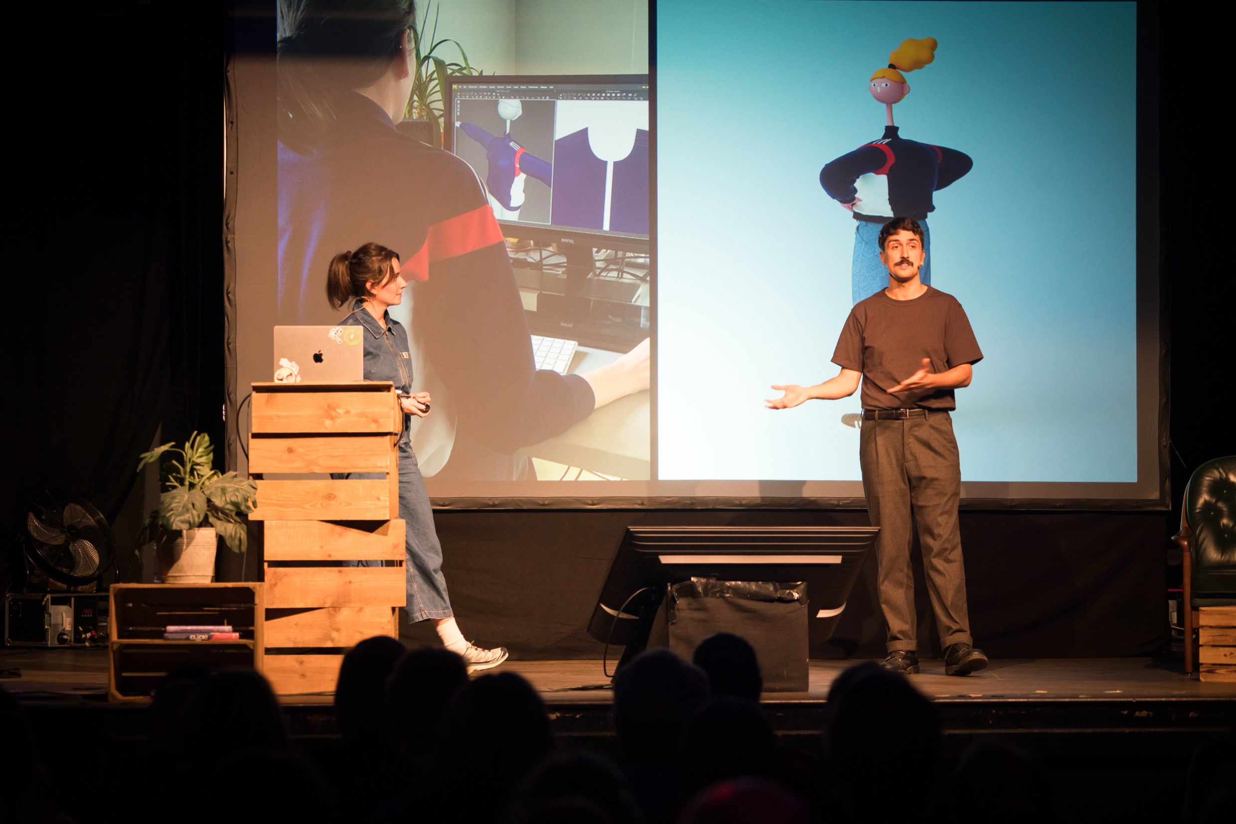 Katie Menzies on the left and Abel Reverter on the right on stage at beyond tellerrand. Photo shot from the front of the stage.