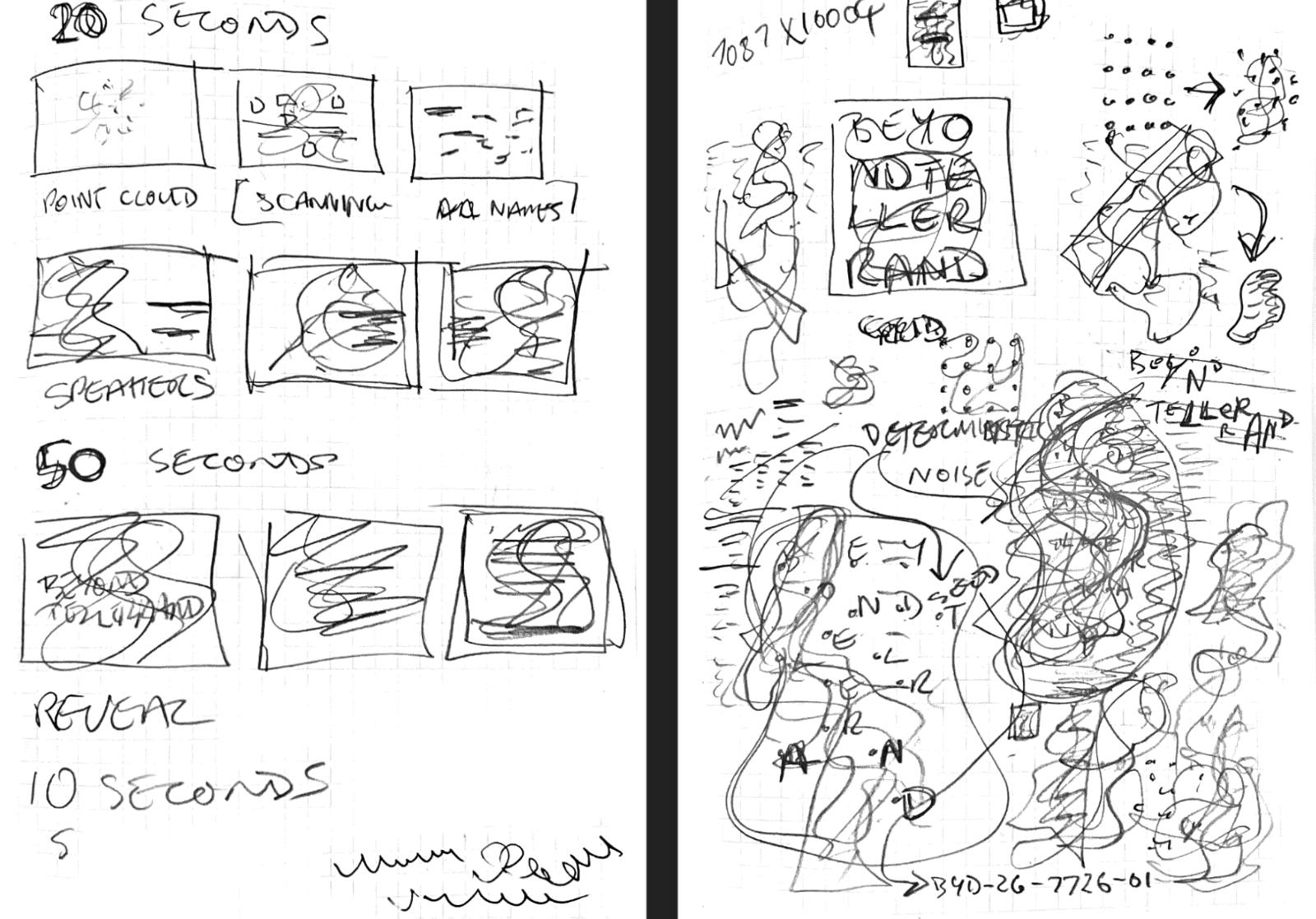 Two pages of hand-drawn sketches on grid paper. The left page shows a storyboard with labelled frames for a 20-, 50-, and 10-second sequence, including notes like &rsquo;point cloud,&rsquo; &rsquo;scanning,&rsquo; &rsquo;speakers,&rsquo; and &rsquo;reveal.&rsquo; The right page features loose ink doodles exploring typographic treatments of the &rsquo;beyond tellerrand&rsquo; wordmark, with swirling shapes and notes such as &rsquo;deterministic noise.&rsquo;