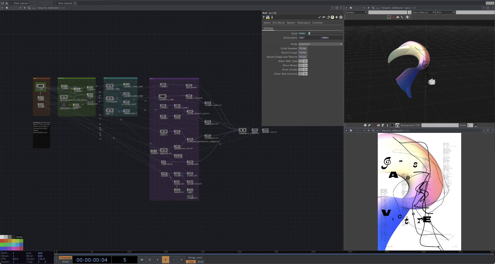 Screenshot of the TouchDesigner interface used to generate the beyond tellerrand poster artwork. The left side shows a node-based network of connected operators grouped into coloured blocks. A settings panel in the centre displays parameters such as seed, dimensions and toggles for showing shape, doodle, and text columns. On the right, two preview panes show a 3D rendered form and the resulting poster composition featuring scattered letters spelling &lsquo;James Victore&rsquo; a looping line drawing and a coloured gradient blob.