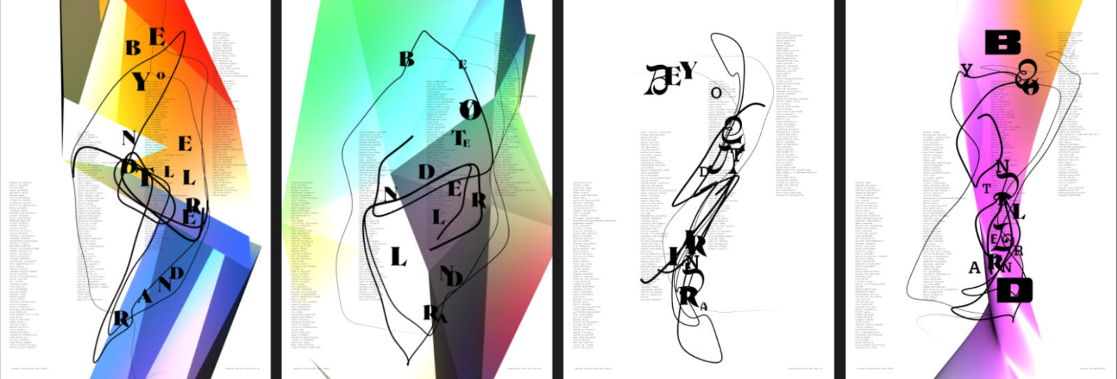 Four vertical poster designs side by side, each spelling out &lsquo;beyond tellerrand&rsquo; in scattered black letters overlaid with looping black line drawings and lists of names in small type. From left to right, the backgrounds shift through different colour treatments: warm red and yellow geometric shapes, vibrant green and rainbow gradients, a minimal white version with only line and type, and finally a magenta and purple gradient.