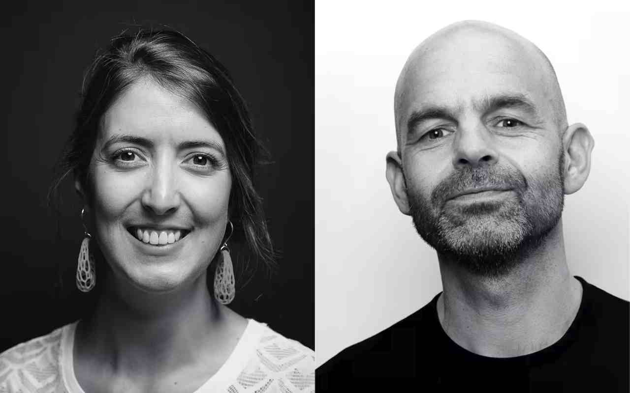 Black-and-white portraits of the two speakers side by side: Nadieh Bremer on the left, smiling, against a dark background, and Rob Draper on the right, with a shaved head and stubble, against a light background.