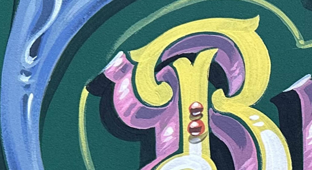 Details of the painted sign. You can see the upper part with the “B” and see little brush strokes that create glass reflections and fine strokes on the drop shadow that create depth.