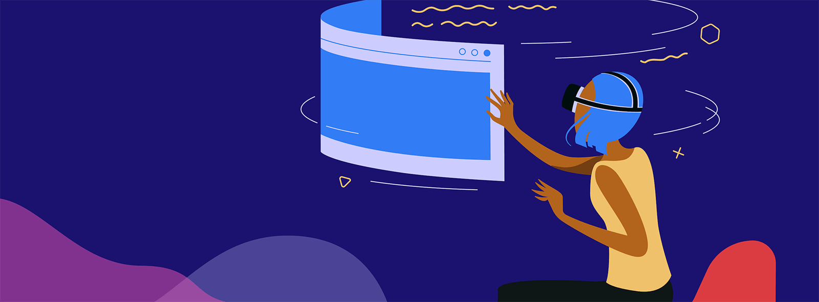 Illustration showing a woman using a VR headset navigating on a bending screen