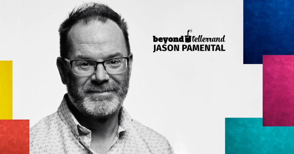 A black and white portrait of Jason Pamental in front of a white background. Colourful rectangles lurk into the photo from both sides to frame the photo. On the top right corner it states "beyond tellerrand" and below "Jason Pamental".