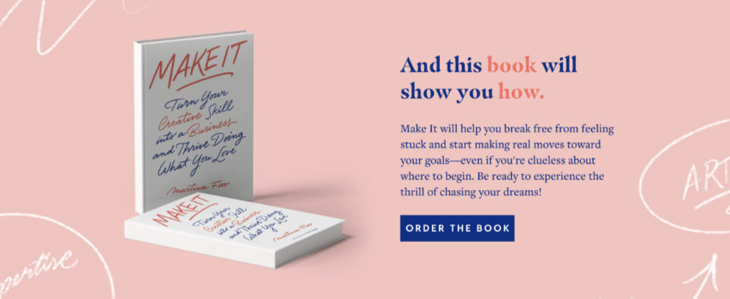 Martina’s latest book titled “Make It” a white cover with blue and red arwork.