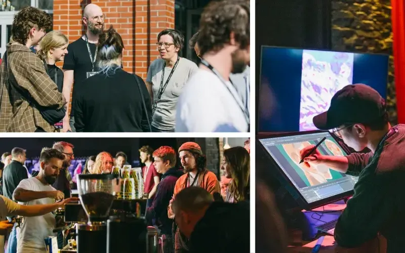 A collage of three photos showing the action in the breaks. People are chatting, partners show their product, people queueing for coffee at the Barista Bar.