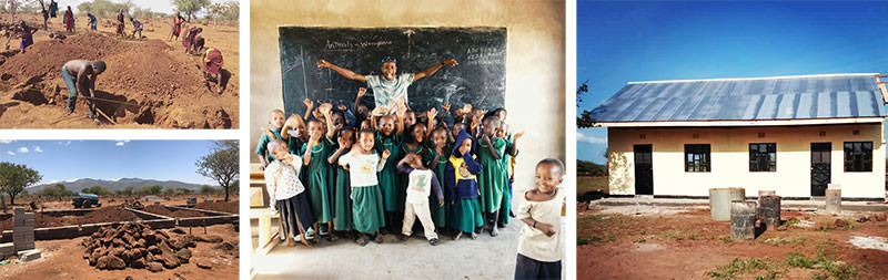A collage of photos showing the built process of the first classroom and happy children in the middle picture
