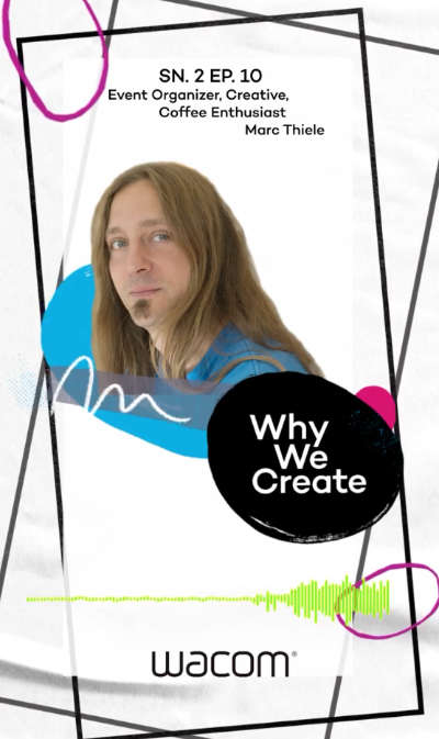 A picture showing me, Marc Thiele and some assets like lines and dots next to Why We Create, which is the titles of the podcast