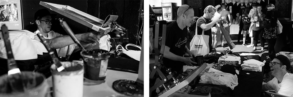 Two photos showing Holger Lamers during his live silk screen printing at beyond tellerrand
