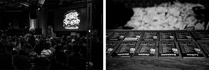 Two photos next to each other in a collage. The one left showing the t-shirt design of this event. Right are some of the assets of the design used on the name badges.