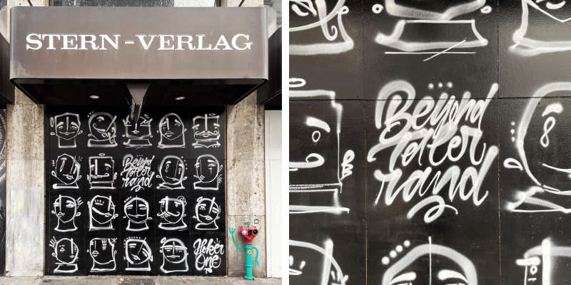 two photos next to each other in a collage showing the graffiti with many heads and the name “beyond tellerrand” in the middle of the artwork